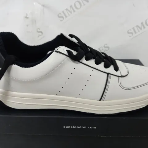 BOXED PAIR OF DUNE TRAINERS IN WHITE/BLACK UK SIZE 7