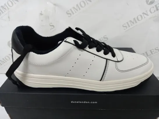 BOXED PAIR OF DUNE TRAINERS IN WHITE/BLACK UK SIZE 7