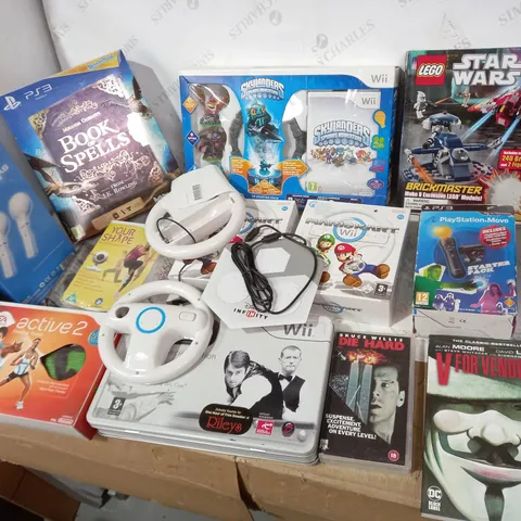 18 ASSORTED ITEMS TO INCLUDE: SKYLANDERS FOR WII, BOOK OF SPELLS FOR PS3, TWIN MARACAS FOR WII, LEGO STAR WARS, EA ACTIVE 2, MARIO KART FOR WII ETC