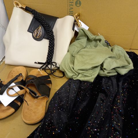 BOX OF ASSORTED CLOTHING/SHOES TO INCLUDE MONSOON BLACK GLITTER TOP, CREAM AND BLACK BAG, BLACK SANDALS