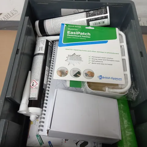 TOTE OF APPROX 10 HOUSEHOLD ITEMS TOO INCLUDE OFFICE EQUIPMENT , SILICONE , PLASTERBOARD PATCHES 