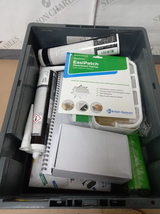 TOTE OF APPROX 10 HOUSEHOLD ITEMS TOO INCLUDE OFFICE EQUIPMENT , SILICONE , PLASTERBOARD PATCHES 