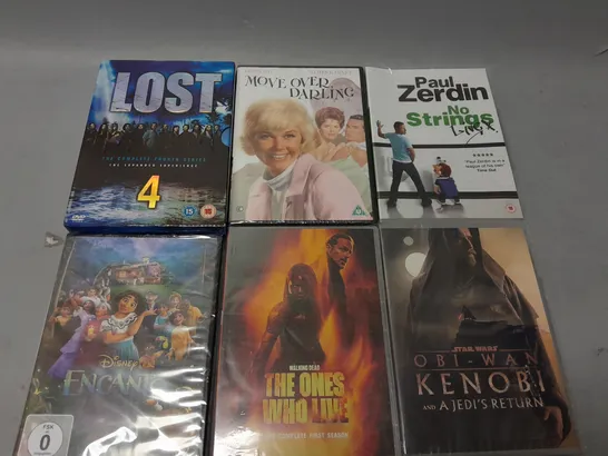 BOX OF APPROXIMATELY 15 DVDS TO INCLUDE - PAUL ZERDIN NO STRINGS , LOST 4 , STAR WARS OBI WAN KENOBI ETC