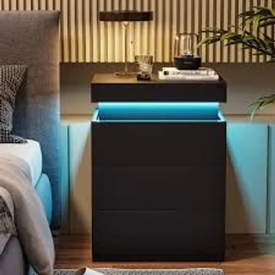 BOXED KUMAR LED LIGHT BEDSIDE TABLE IN BLACK [3 DRAWERS]