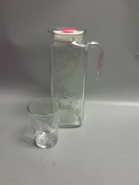 LAV GLASS JUG AND SET OF 6 GLASSES