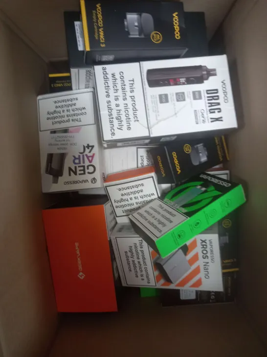 BOX OF APPROXIMATELY 15 ASSORTED E-CIGARATTES TO INCLUDE VAPORESSO, VOOPOO, ASPIRE ETC