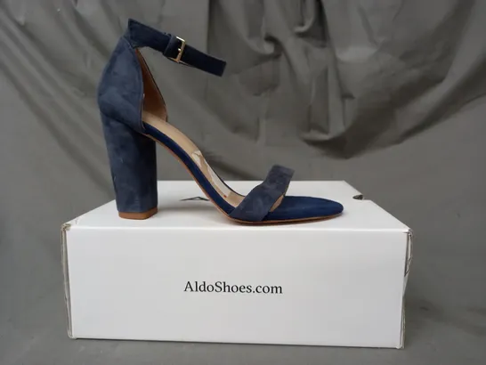 BOXED PAIR OF ALDO JERAYCLYA OPEN TOE BLOCK HEEL SANDALS IN NAVY UK SIZE 3