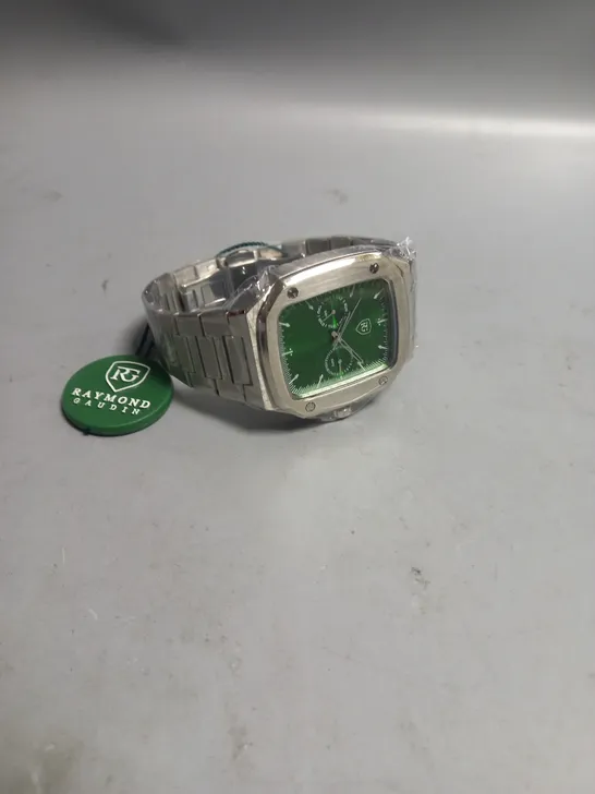 BOXED RAYMOND GAUDIN MENS CHRONOGRAPH WATCH WITH STAINLESS STRAP AND GREEN WATCH FACE