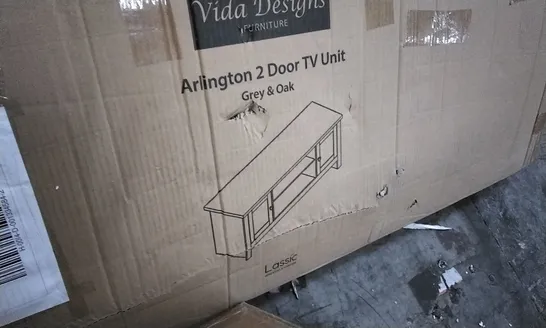 BOXED VIDA ARLINGTON 2 DOOR TV UNIT GREY/OAK 