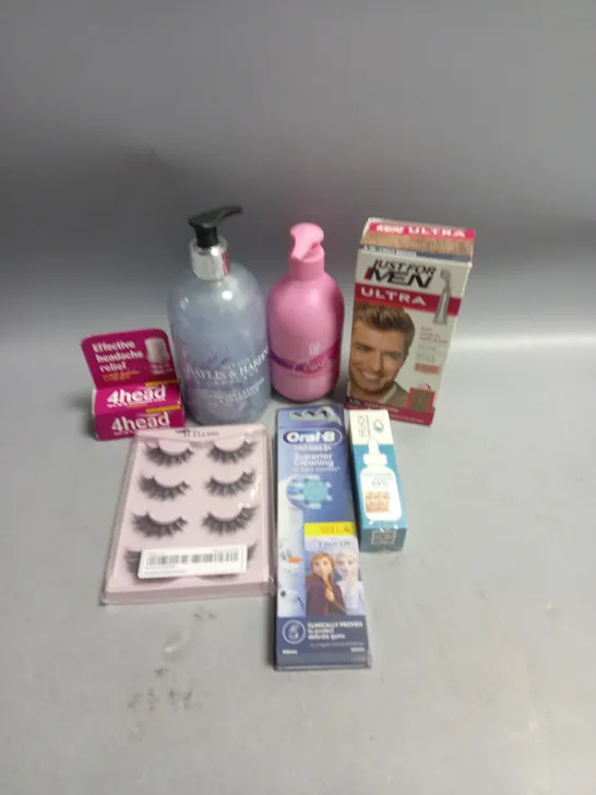 BOX OF APPROXIMATELY 20 COSMETIC ITEMS TO INCLUDE - JUST FOR MEN HAIR COLOUR - ORAL-B KIDS DENTAL CARE - FALSE EYELASHES - ETC 