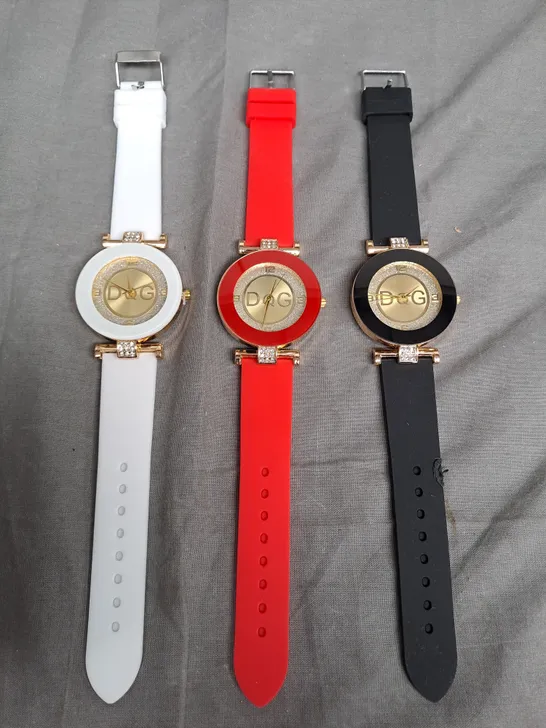 3 X DQG WATCHES TO INCLUDE RED, WHITE & BLACK