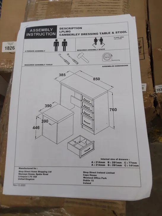 BOXED GRADE 1 CAMBERLEY DRESSING TABLE AND STOOL SET DARK OAK-EFFECT (1 BOX)