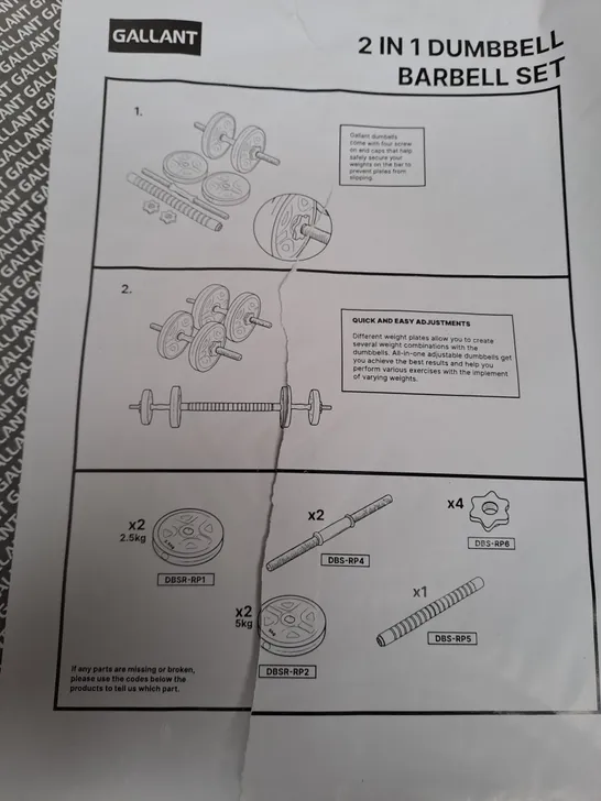 GALLANT 20KG ADJUSTABLE DUMBBELLS SET, 2 IN 1 DUMBBELLS AND BARBELL HAND FREE WEIGHTS - COLLECTION ONLY