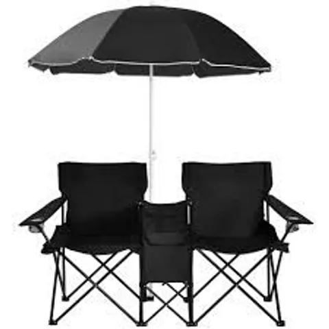 BOXED COSTWAY OUTDOOR PORTABLE DOUBLE CAMPING CHAIR FOLDING PICNIC CHAIRS W/ UMBRELLA & ICE BAG - BLACK