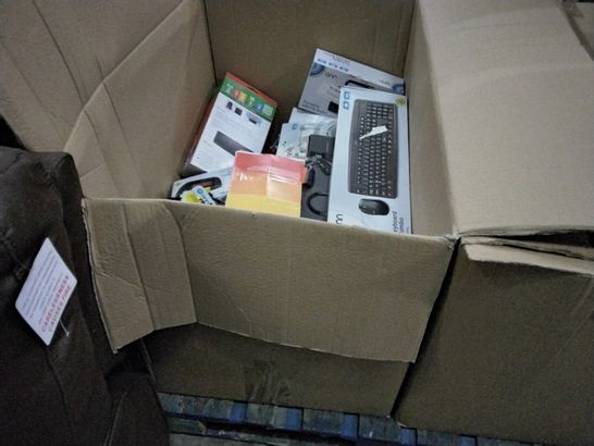 BOX OF ASSORTED ELECTRONIC ITEMS TO INCLUDE ONN WIRELESS KEYBOARD & MOUSE COMBO SET, BLACKWEB BLUETOOTH GAMING SPEAKERS, POLAROID DVD/CD PLAYER, MIXING STREAMBUDS, HALO STICK, ETC