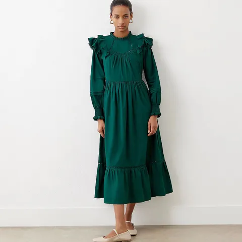 FINERY LONDON ADELA COTTON MIDI DRESS WITH LACE PANEL DETAIL GREEN SIZE 12