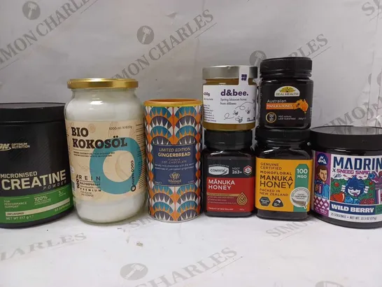 LOT 8 APPROX 8 ASSORTED FOOD/DRINK ITEMS TO INCLUDE OPTIMUM NUTRITION MICRONISED CREATINE POWDER, WHITTARD GINGERBREAD HOT CHOCOLATE, MAKUNA HONEY, ETC 