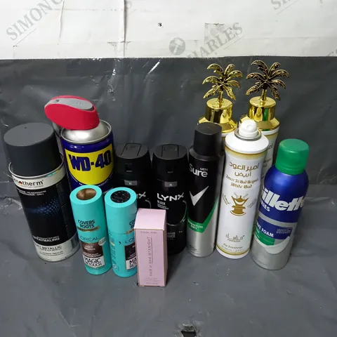 BOX OF APPROXIMATELY 10 ASSORTED AEROSOLS TO INCLUDE - SAM MCKNIGHT HAIR TEXTURE MIST - SURE ANTI-PERSPIRANT - SENOTHERM SPRAY DEEP BLACK METALLIC - ETC - COLLECTION ONLY