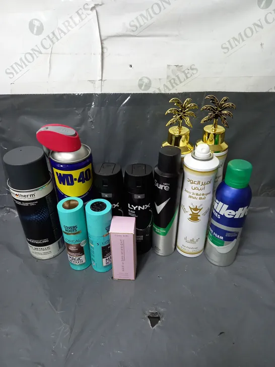 BOX OF APPROXIMATELY 10 ASSORTED AEROSOLS TO INCLUDE - SAM MCKNIGHT HAIR TEXTURE MIST - SURE ANTI-PERSPIRANT - SENOTHERM SPRAY DEEP BLACK METALLIC - ETC - COLLECTION ONLY