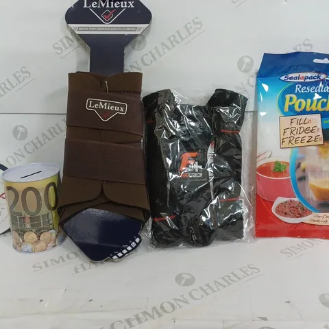 BOX OF APPROXIMATELY 9 ASSORTED ITEMS TO INCLUDE - RESEALABLE POUCHES - LEMIEUX BOOT - MONEY JAR ETC