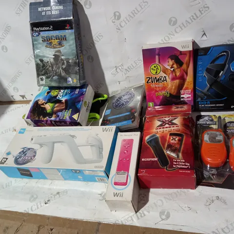 10 ASSORTED ITEMS TO INCLUDE: WII ZAPPER, ZUMBRA JOIN THE PARTY, INLINE MESSANGER HEADSET, THE X FACTOR SING ETC 