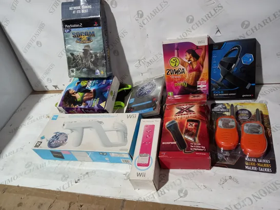 10 ASSORTED ITEMS TO INCLUDE: WII ZAPPER, ZUMBRA JOIN THE PARTY, INLINE MESSANGER HEADSET, THE X FACTOR SING ETC 