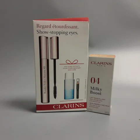 2 ASSORTED CLARINS BEAUTY PRODUCTS TO INCLUDE #04 MILKY BOOST 30ML AND SHOW-STOPPING EYES GIFT SET 