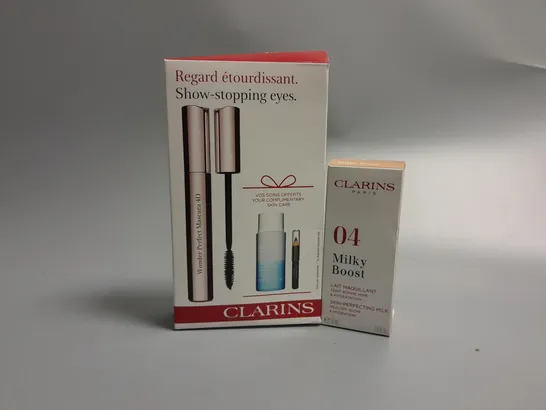 2 ASSORTED CLARINS BEAUTY PRODUCTS TO INCLUDE #04 MILKY BOOST 30ML AND SHOW-STOPPING EYES GIFT SET 