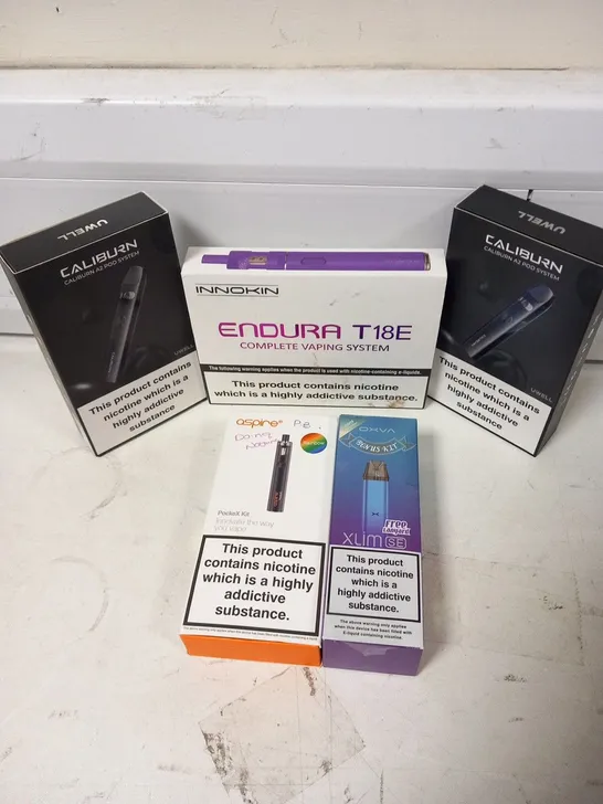 APPROXIMATELY 30 ASSORTED E-CIGARETTES AND E-CIGARETTE PARAPHERNALIA TO INCLUDE; CALIBURN, ASPIRE AND OXVA