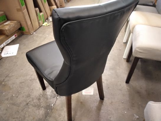 2 DESIGNER BLACK FAUX LEATHER CHAIRS WITH DARK BROWN LEGS