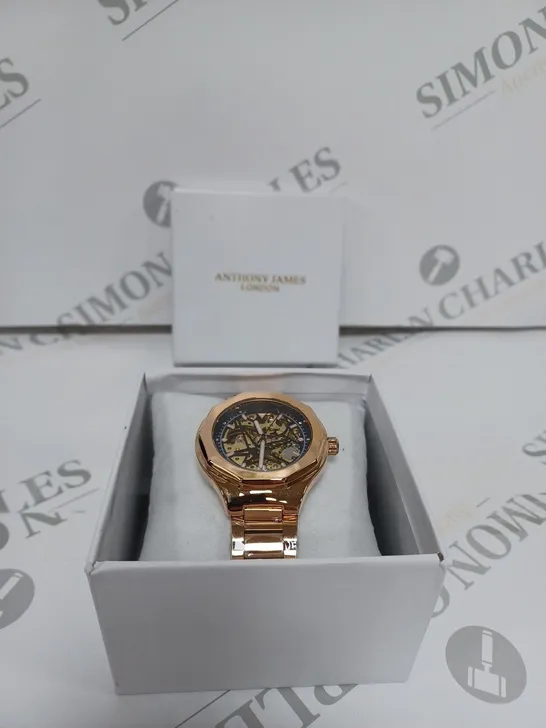 BOXED ANTHONY JAMES GENTS SPORTS SKELETON WATCH WITH STAINLESS STEEL BRACELET WATER RESISTANT