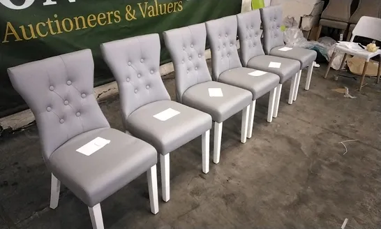 SET OF 6 BEWLEY LIGHT GREY LEATHER BUTTON BACK DINING CHAIRS WITH WHITE LEGS