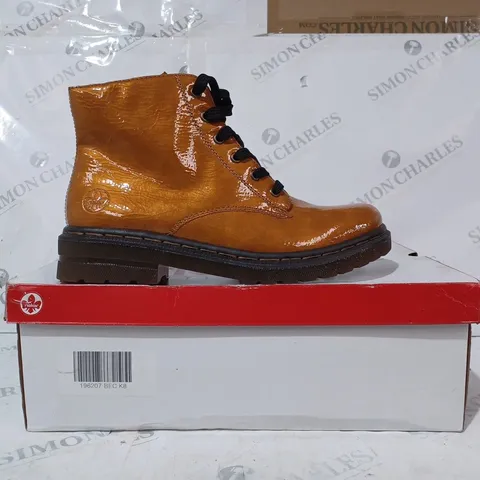 BOXED PAIR OF RIEKER LACE ANKLE BOOTS IN OCHRE SIZE 8