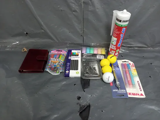 BOX OF ASSORTED HOUSEHOLD ITEMS TO INCLUDE GOLF BALLS, PENS AND CHALK