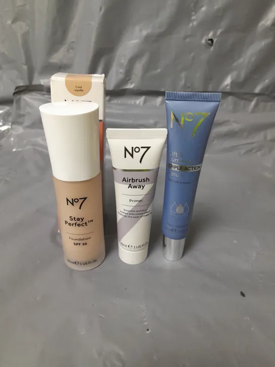 NO7 STAY PERFECT FOUNDATION COOL VANILLA 30ML, AIRBRUSH AWAY PRIMER 30ML AND LIFT & LUMINATE TRIPLE ACTION SERUM 30ML