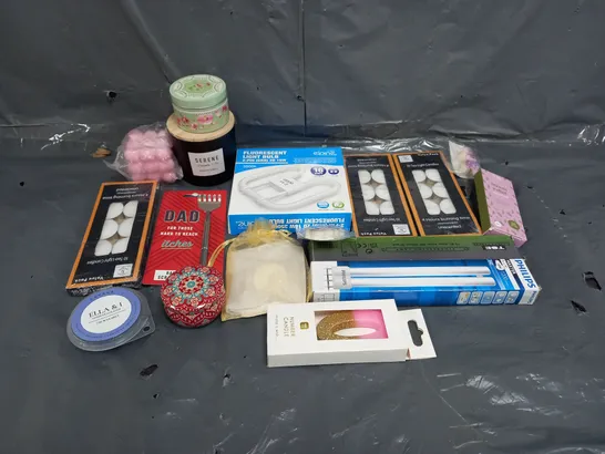 BOX OF ASSORTED HOUSEHOLD ITEMS TO INCLUDE BACK SCRATCHER, TEA LIGHT CANDLES AND CANDLES