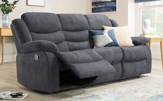 BOXED DESIGNER SORRENTO SLATE GREY FABRIC MANUAL RECLINING THREE SEATER SOFA