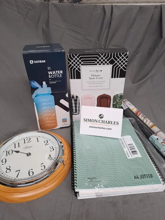 APPROXIMATELY 20 ASSORTED HOUSEHOLD PRODUCTS TO INCLUDE WALL CLOCK, KAYMAN WATER BOTTLE, A4 JOTTER ETC 