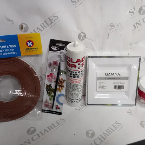 BOX OF APPROXIMATELY 8 ASSORTED ITEMS TO INCLUDE - MATANA 20 SQUARE PLATES - SEALING TAPE - WOOD FILLER ECT