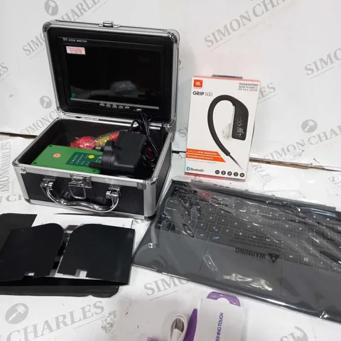 BOX OF 5 ASSORTED IITEMS TO INCLUDE DEPTH FINDER FISHING KIT, JBL HEADPHONE, WIRELESS KEYBOARD ETC