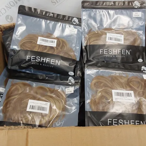 BOX CONTAINING APPROXIMATELY 100 FESHFEN BLONDE/BROWN HAIR BUN EXTENSIONS