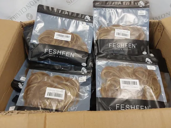 BOX CONTAINING APPROXIMATELY 100 FESHFEN BLONDE/BROWN HAIR BUN EXTENSIONS