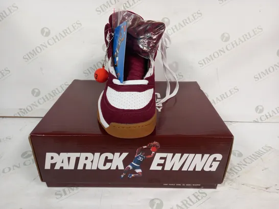 BOXED PAIR OF EWING MIKES HOT HONEY SNEAKERS IN MAROON/WHITE UK SIZE 8.5