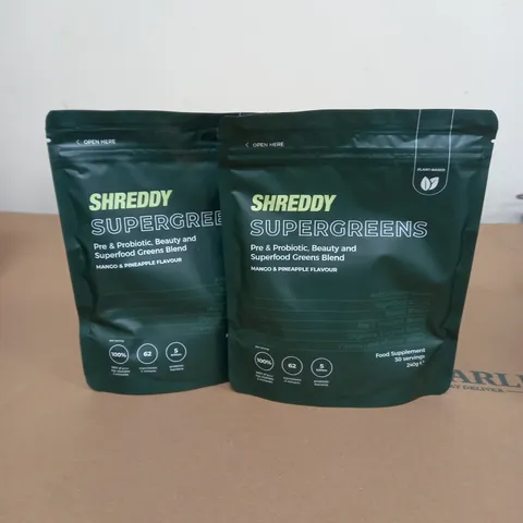 LOT OF 2 SHREDDY SUPERGREENS PRE & PROBIOTIC FOOD SUPPLEMENT MANGO AND PINEAPPLE FLAVOUR 240G