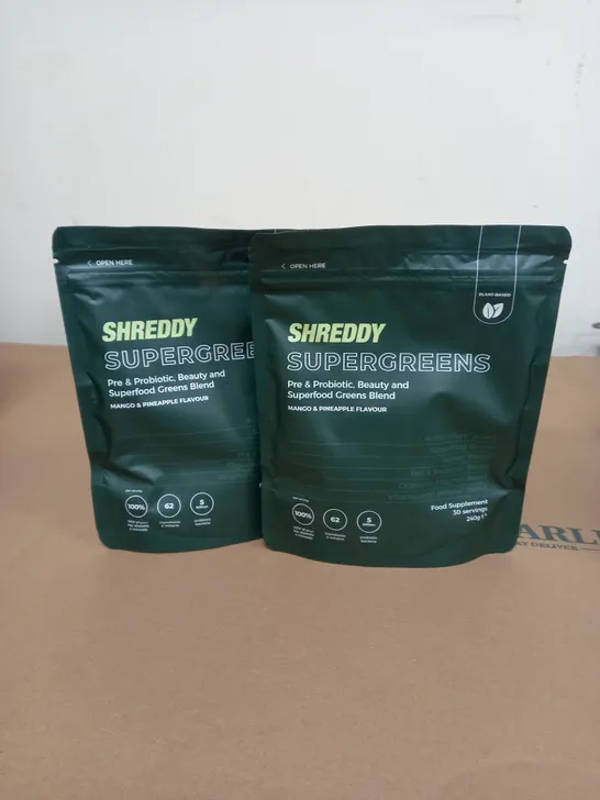 LOT OF 2 SHREDDY SUPERGREENS PRE & PROBIOTIC FOOD SUPPLEMENT MANGO AND PINEAPPLE FLAVOUR 240G