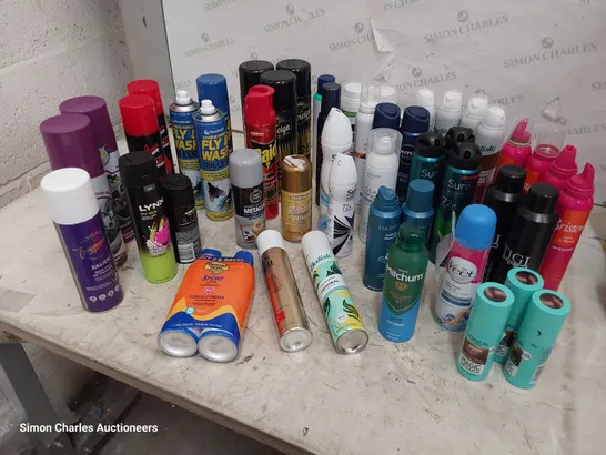 TWO TOTES OF ASSORTED AEROSOLS INCLUDING HAIR PRODUCTS BY BRISTOWS, BATISTE, OREAL, BODY SPRAYS BY LYNXX, SURE, FLY KILLER, BUTANE REFILS, CAR AIR FRESHENER.