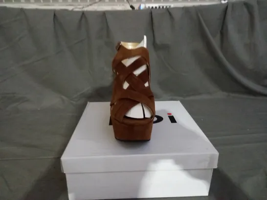 APPROXIMATELY 10 BOXED PAIR OF KOI BROWN SUEDE WEDGE SANDALS IN VARIOUS SIZES TO INCLUDE SIZE 5 