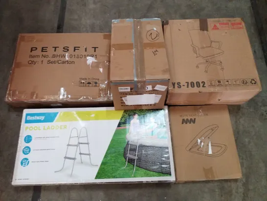 PALLET OF ASSORTED PRODUCTS INCLUDING POOL LADDER, TOILET SEAT, OFFICE CHAIR, ELECTRIC DEEP FRYER, PET CRATE