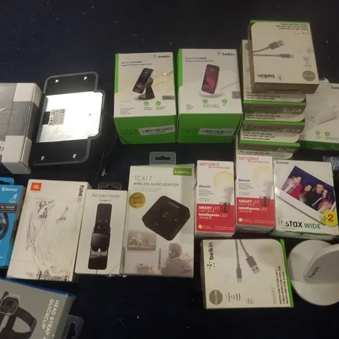 LOT OF ASSORTED TECH ITEMS TO INCLUDE JBUDS TWS EARBUDS, INSTAX WIDE FILM, WIRELESS AUDIO ADAPTER AND BELKIN BOOST CHARGER