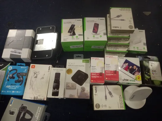 LOT OF ASSORTED TECH ITEMS TO INCLUDE JBUDS TWS EARBUDS, INSTAX WIDE FILM, WIRELESS AUDIO ADAPTER AND BELKIN BOOST CHARGER